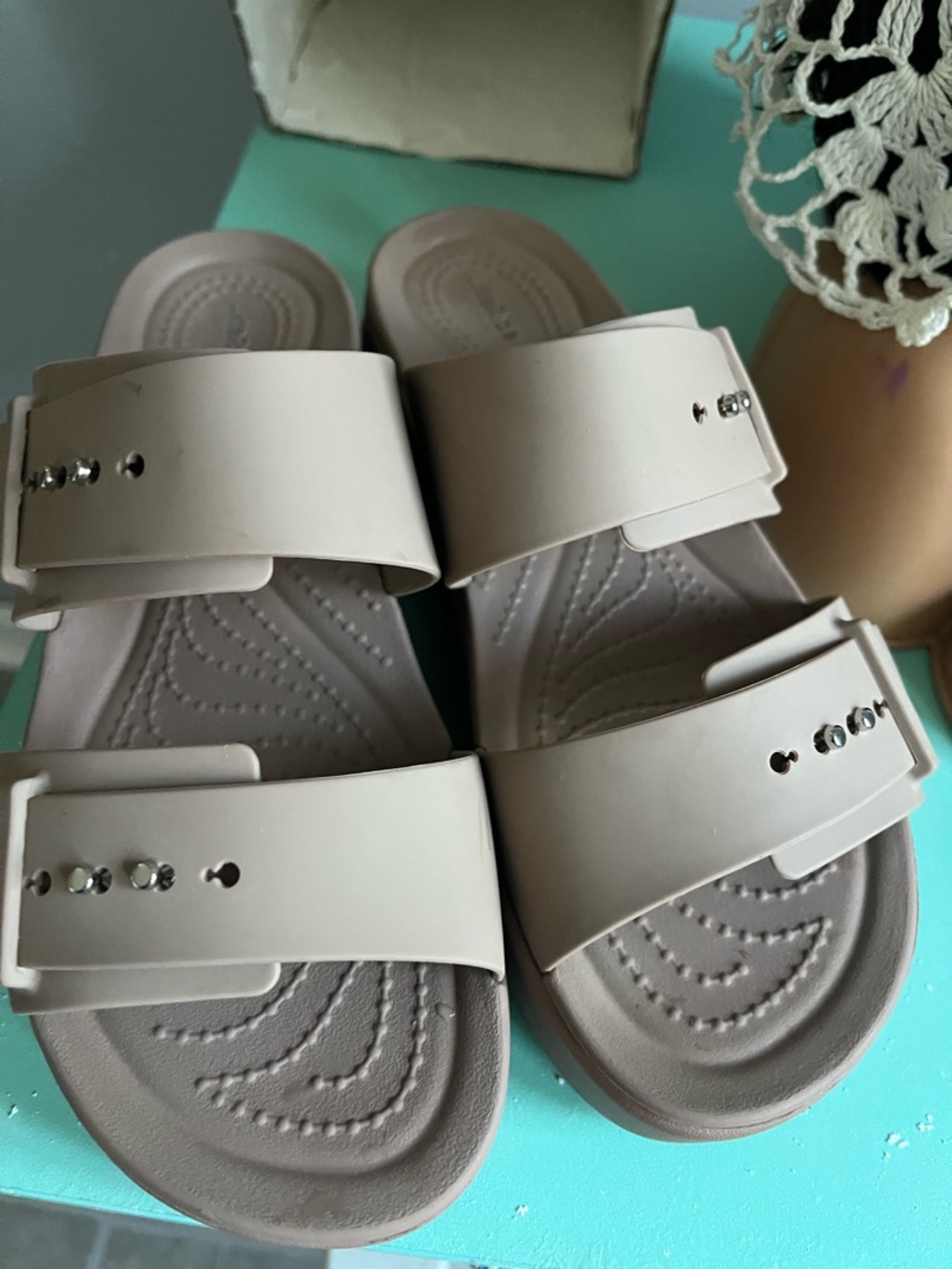Nude Beige Double Strap Slide Sandals